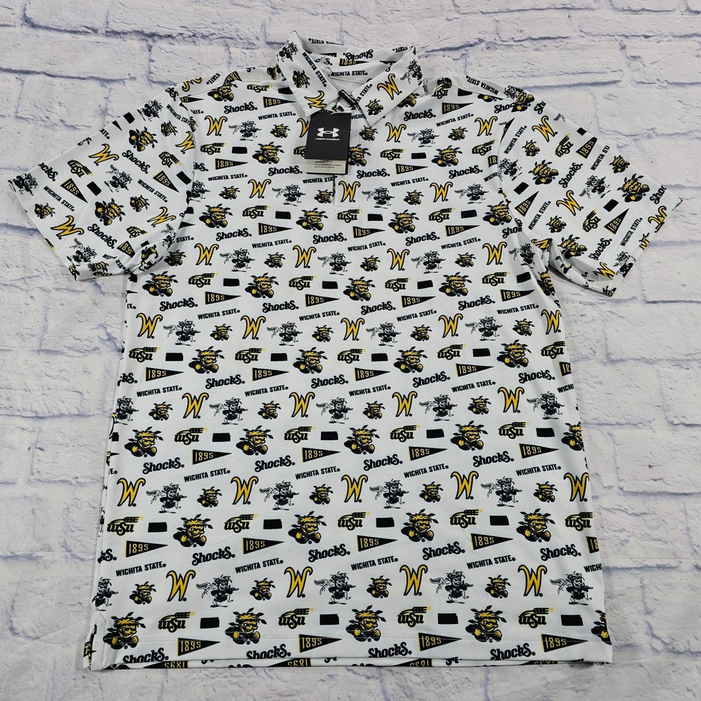 Wichita State Shockers Under Armour Polo Shirt MENS S White Mascot Print NCAA